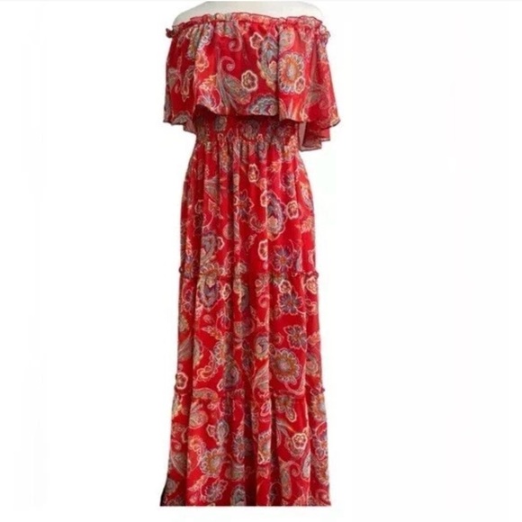 Rabbit Rabbit Red Paisley Floral Off-Shoulder Boho Chic Tiered Maxi Dress Sz 22W - Picture 8 of 16